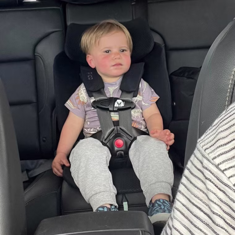 A toddler in a gray T-shirt and gray joggers sits in a black Wayb Pico forward-facing car seat in the back of a car, with the harness buckled and the chest clip at armpit level.
