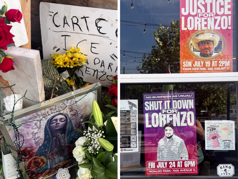 A diptych image showing signs in a window and flowers and details from a makeshift memorial.