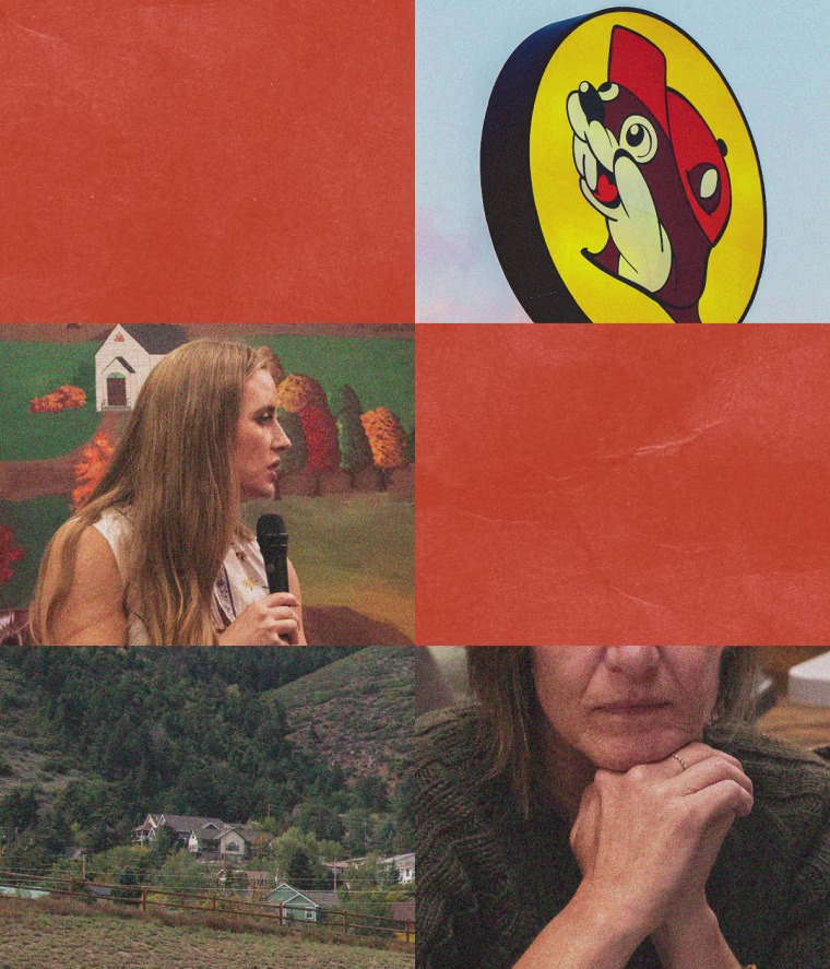 Collage illustration of scenes from Colorado of people speaking about a proposed Buc-ees; a Buc-ee's sign.