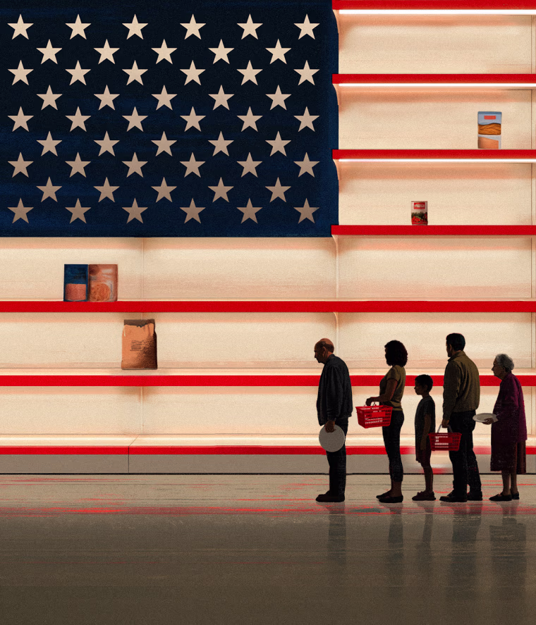Illustration of people waiting in line with plates and baskets, waiting to browse near-empty food bank shelves that look like the American flag.