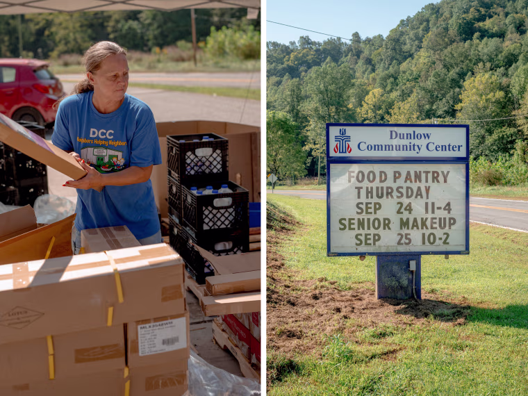A mix of staff and volunteers distribute donated food during a weekly drive up food pantry