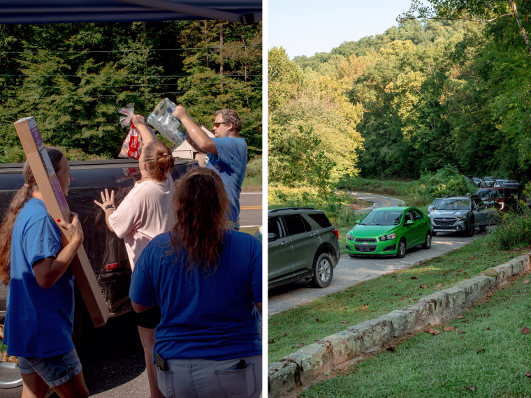 Volunteers load bottled water and potatoes into a truck bed at the food distribution in Dunlow. People sat waiting in their cars for more than three hours to receive food. 
