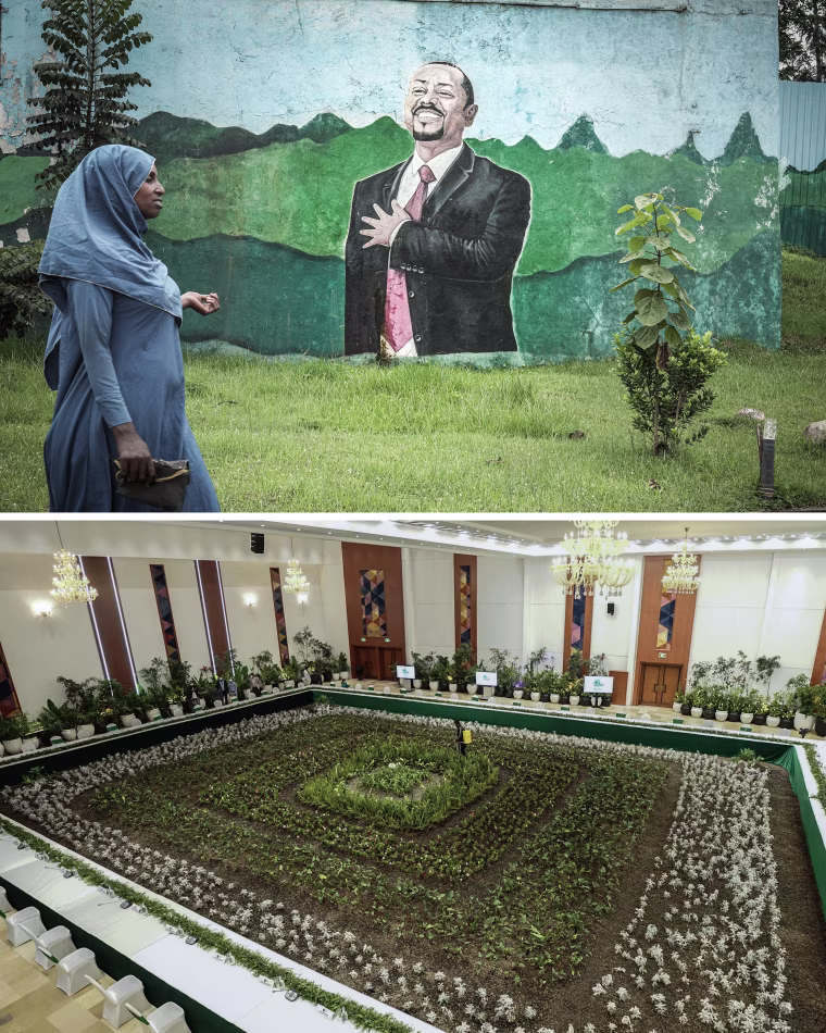 A woman walks past a large mural in Agaro depicting Ethiopian Prime Minister Abiy Ahmed in May, above. Ahmed's office temporarily transformed into a garden before the launch of the Green Legacy Initiative in 2021, below.