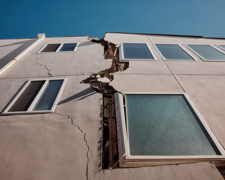 A crack in wall of 6519 Seaside Walk at the The Peninsula in Long Beach, Calif., on Oct. 15, 2026.