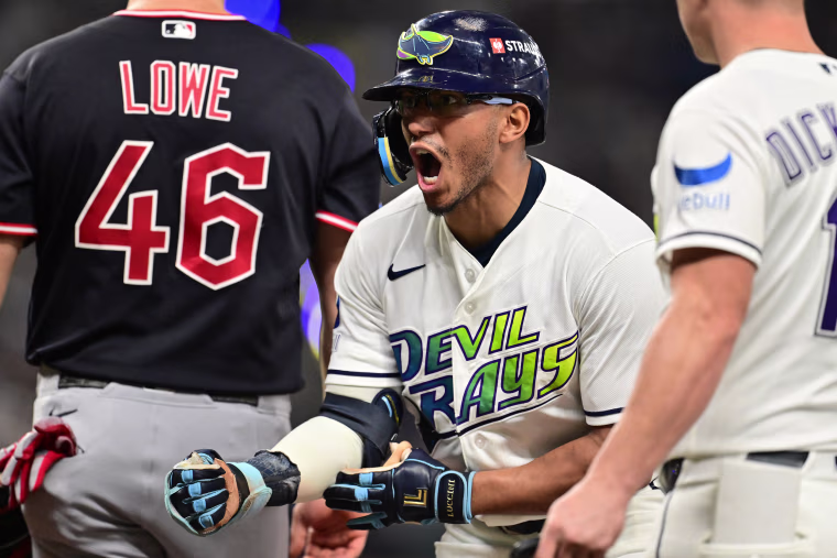 Richie Palacios #1 of the Tampa Bay Rays celebrates.