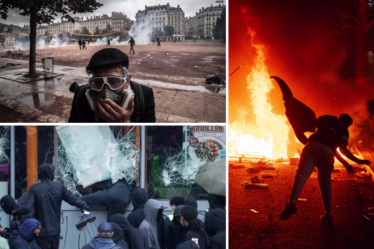 Image: A 3-part image composite design. The first image shows an elderly man using a gas mask during a protest, the second image shows the silhouette of protestor feeding a fire with material and the third image shows portestors smashing a glass window.