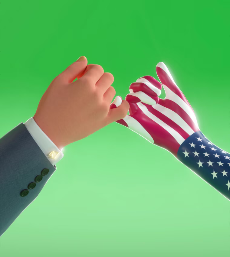Illustration of Trump's hand, with a "47" golden cufflink on his suit, making a "pinky promise" gesture with an American flag-clad hand.