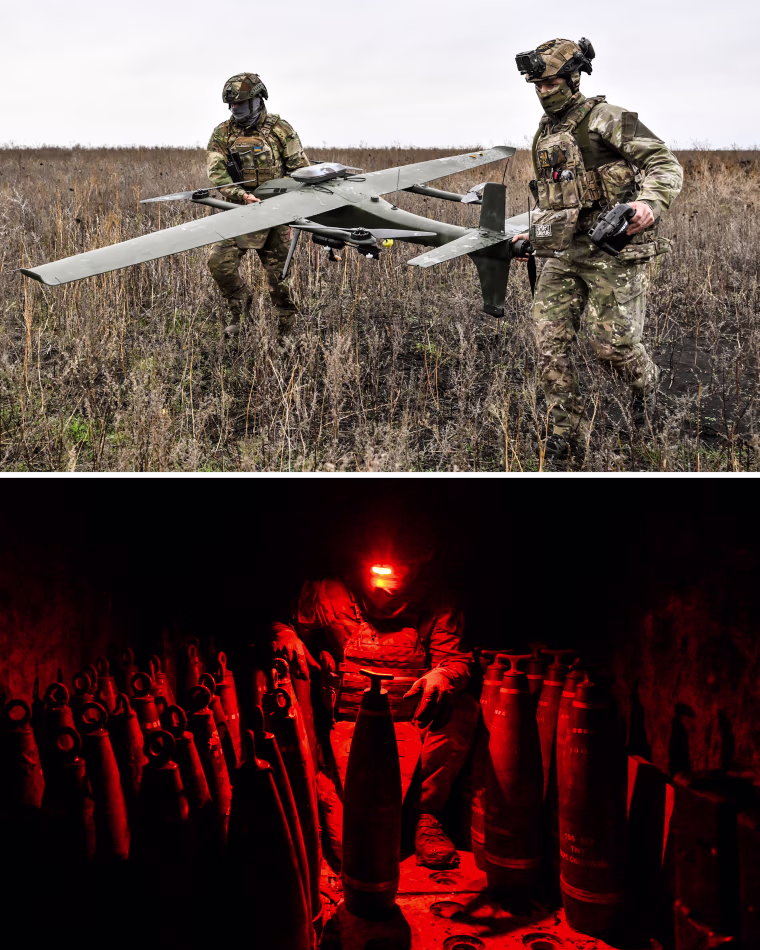 Image: A dual-design photo composite, the top pic shows two Ukrainian soldiers carrying a GARA UAV, the below pic shows a Ukranian soldier preparing shells for a howitzer.