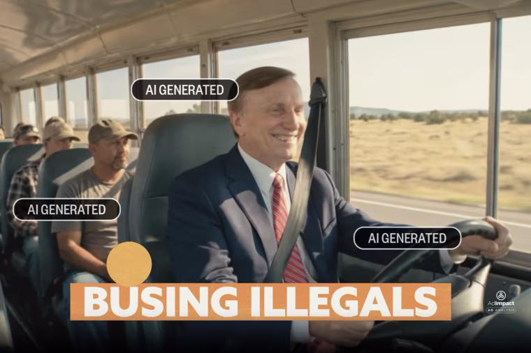 An AI-generated digital advertisement featuring Louisiana State Treasurer John Fleming driving a school bus. 