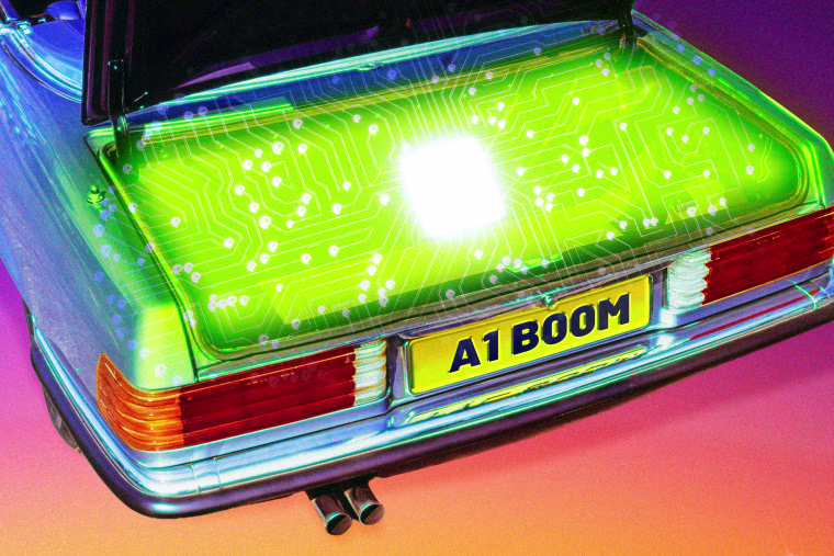 A vintage car with an open trunk and a glowing AI chip inside; the license plate reads AI BOOM.