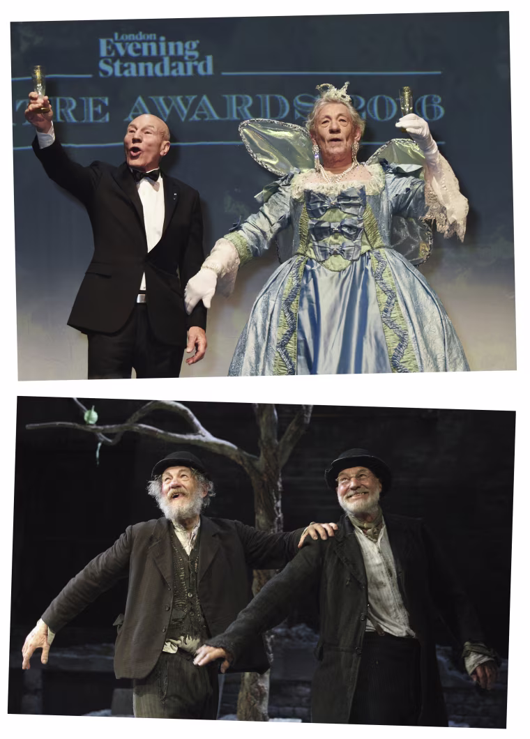 A diptych image showing Sir Ian McKellen and Patrick Stewart together in two instances.
