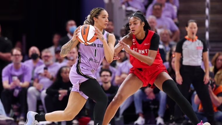 SAN FRANCISCO, CALIFORNIA - OCTOBER 17:  Gabby Williams #1 of the Golden State Valkyries is defended by Angel Reese #5 of the Atlanta Dream during the second quarter in game one of the WNBA Finals at Chase Center on October 17, 2026 in San Francisco, California. NOTE TO USER: User expressly acknowledges and agrees that, by downloading and or using this photograph, User is consenting to the terms and conditions of the Getty Images License Agreement. (Photo by Ezra Shaw/Getty Images)