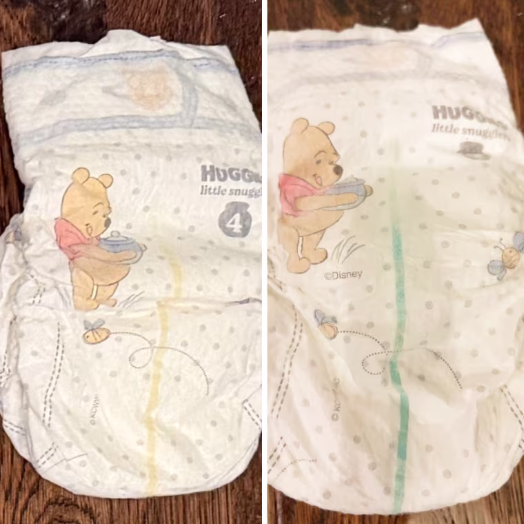 Side-by-side photos of a Huggies Little Snugglers size 4 diaper with a Winnie the Pooh print, showing a yellow wetness line that turns green.