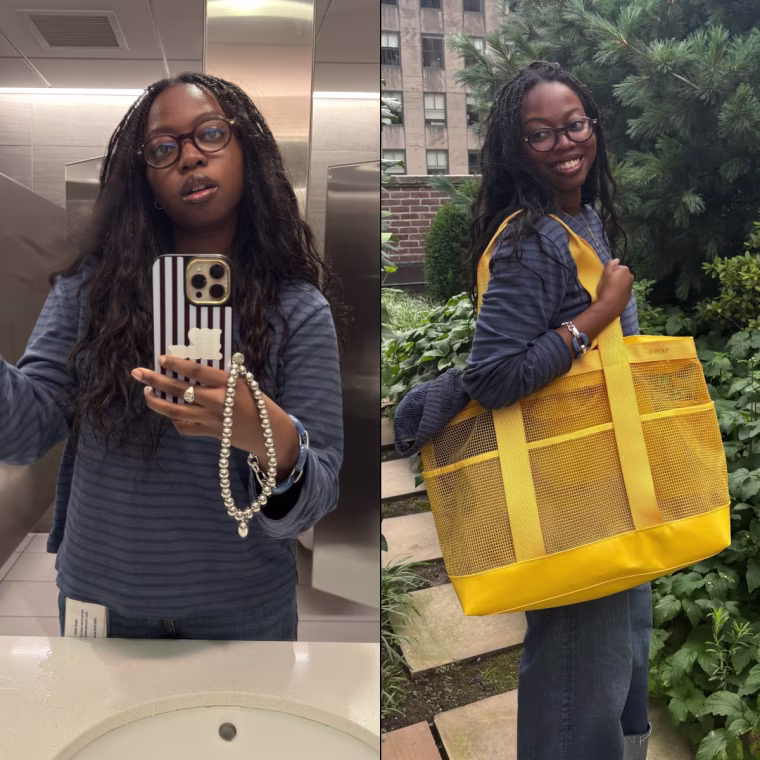 First photo: Mirror selfie of woman wearing blue long-sleeve striped tee. Second photo: Woman in a garden smiling with the blue top, holding a yellow tote.