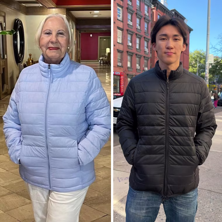 The Amazon Essentials Lightweight Water-Resistant Packable Puffer Jacket for women (left) and for men (right)