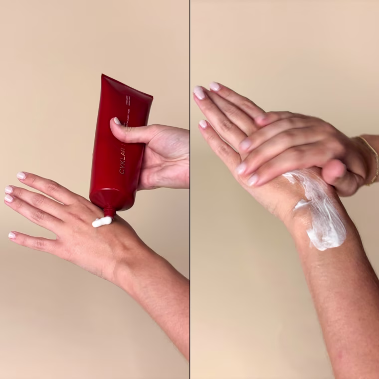 Side by side of woman applying body lotion on back of hand and rubbing it into skin
