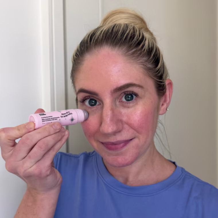 Dory Zayas testing the Grace & Stella Under Eye Serum Roller.