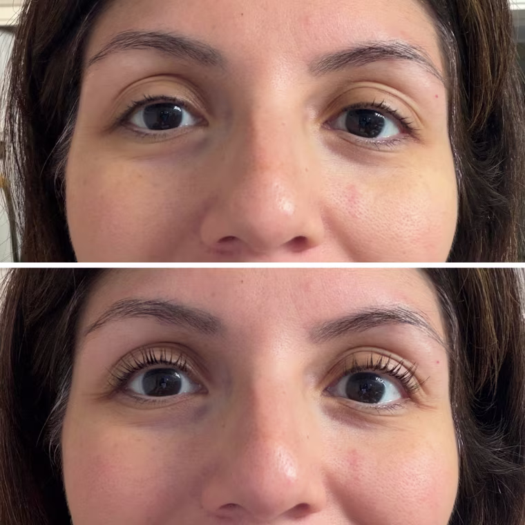 Executive editor Adrianna Brach before (top) and after (bottom) applying the It Cosmetics Tightline 3-in-1 Mascara Eyeliner.