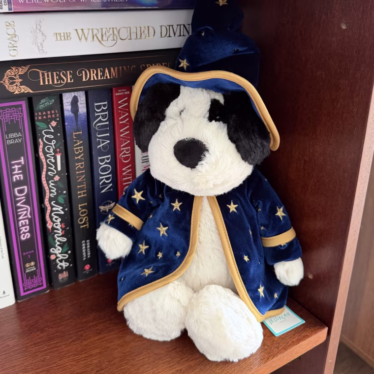 Wizard Jellycat on a bookshelf