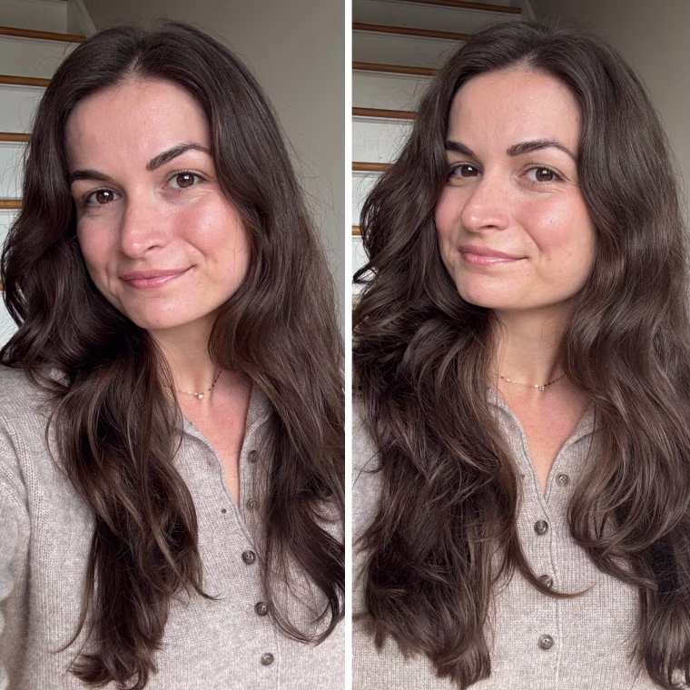 Partnerships deputy managing editor Francesca Cocchi Zabloudil before and after using the Moroccanoil Dry Texture Spray