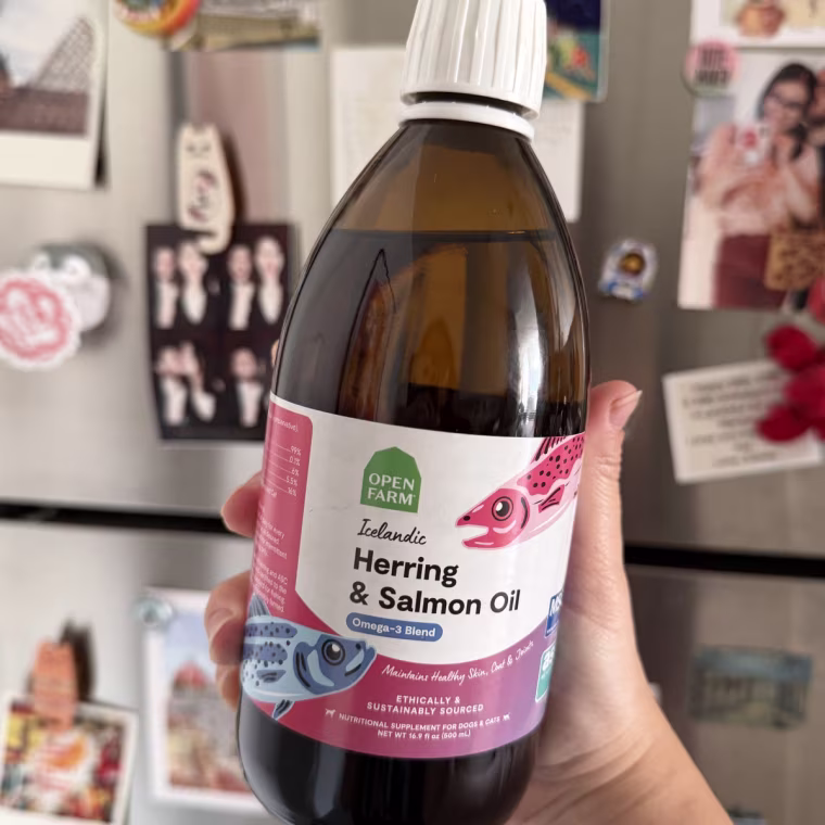 Hand holding the fish oil bottle in front of a fridge covered in magnets.