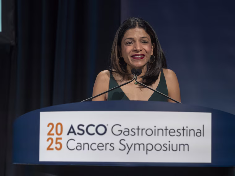 Dr. Shroff speaks at the day's welcome from Dr. Rachna Shroff, immediate past chair of the ASCO GI25 Program Committee