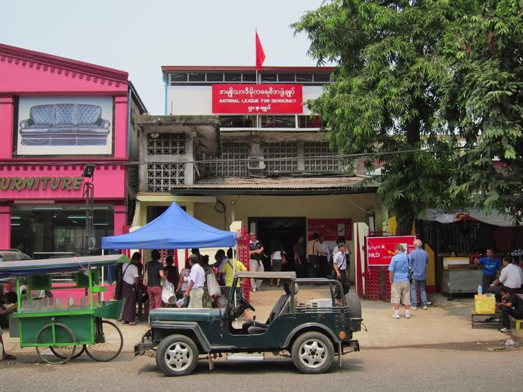 The headquarters of Aung San Suu Kyi's pro-democracy political party, the National League for Democracy (NLD) in Yangoon, Myanmar was teeming with people coming and going on Tuesday.