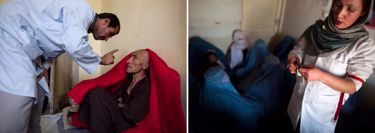 Left: A doctor gives advice to a new detox patient in the Nejat detox program at the Kabul Drug Treatment and Rehabilitation Center, Sept. 2009 in Kabul, Afghanistan. Image: Paula Bronstein / Getty Images Right: An Afghan doctor explains the use of condoms to a group of women addicts at a counseling session at the Nejat drug rehabilitation center, Jan. 2012. Ahmad Masood / Reuters