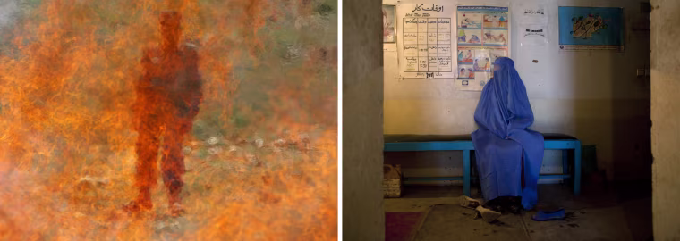 Left: An Afghan policeman stands behind a pile of burning illegal narcotics in Kabul, April 2009. Right: A drug addict waits for her turn to see doctors at the Nejat drug rehabilitation centre in Kabul, Jan. 2012. Images: Ahmad Masood / Reuters