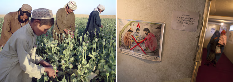 Left: Afghan farmers work in an opium poppy field in Nawa district of Helmand province, south of Kabul, Afghanistan, April 2009. Image: Abdul Khaleq / AP Right: A drug addict holds her child as she visits the Nejat drug rehabilitation center, Jan. 2012. Image: Ahmad Masood / Reuters