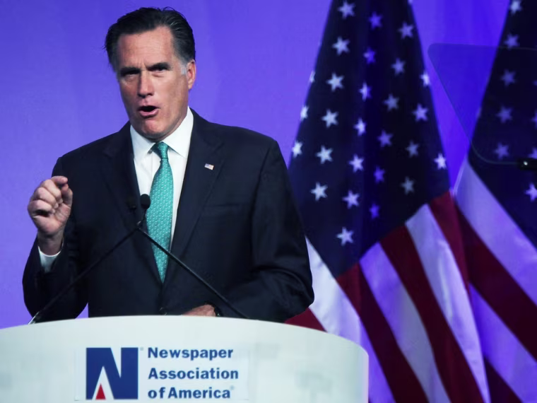 Republican presidential candidate and former Massachusetts Governor Mitt Romney addresses a luncheon hosted by Newspaper Association of America and American Society of News Editors during the MediaXchange conference April 4, 2012 in Washington, DC.