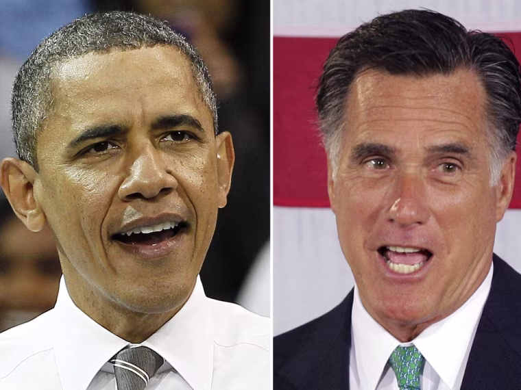 This photo combo shows President Barack Obama in Chapel Hill, N.C. on April 24, 2012, and Republican presidential candidate, former Massachusetts Gov. Mitt Romney on April 18, 2012 in Charlotte, N.C.