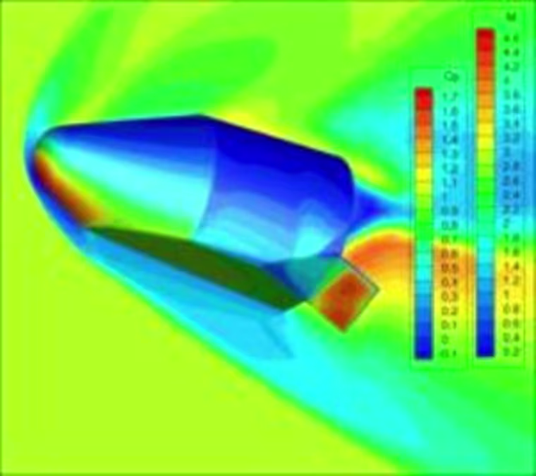 A color-coded image shows an analysis of computational fluid dynamics for Blue Origin's proposed next-generation Space Vehicle.