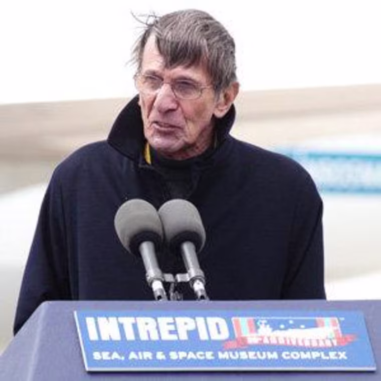 Actor Leonard Nimoy, of Star Trek fame, speaks after the landing of the space shuttle Enterprise at JFK International Airport.