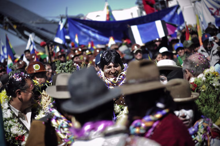 Bolivian President Evo Morales celebrates the inauguration of the experimental lithium plant.