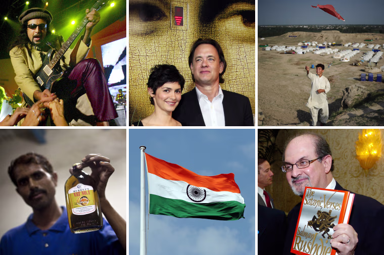 All of these things have been banned in Pakistan at one time or another. Clockwise from top left: Long-haired musicians, 'The Da Vinci Code,' kite-flying, Salman Rushdie's 'Satanic Verses,' India (usually in the form of its newspapers and TV channels) and alcohol.