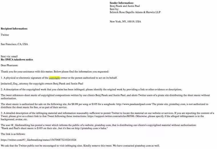 Screen shot of the only DMCA complaint logged so far in 2012