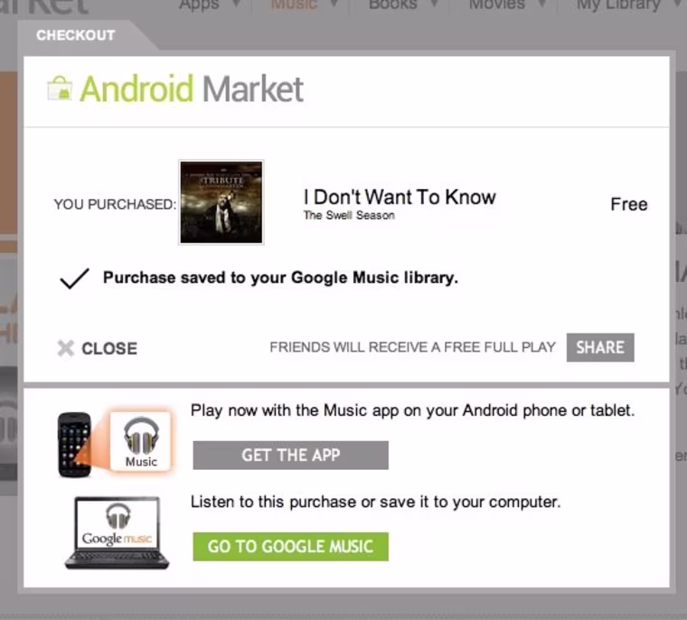 The checkout screen of Google Music, once you've added a song