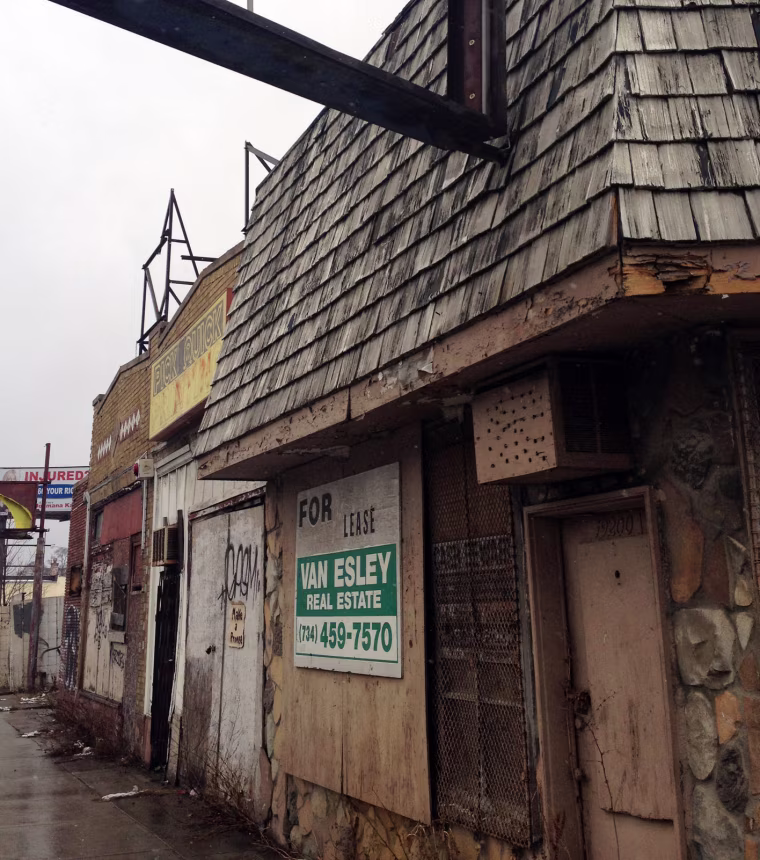Boarded up storefronts on Woodward Ave. near Palmer Park in Detroit.