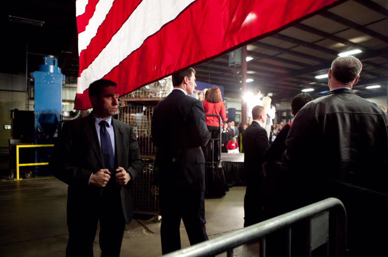 Monday, February 27, 2012, in Albion, MI (John Makely / msnbc.com) Security was tight as Mitt Romney addresses supporters gathered at the Caster Concepts company in Albion, Michigan.