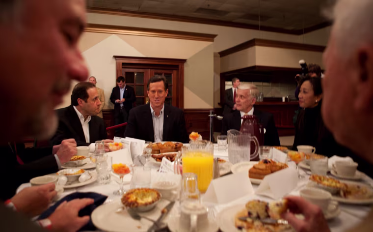 Monday, February 27, 2012, in Livonia, MI (John Makely / msnbc.com) Senator Rick Santorum has a quick bite to eat before the speaking to the Livonia Chamber of Commerce in Livonia, Michigan on Monday, Feb. 27.