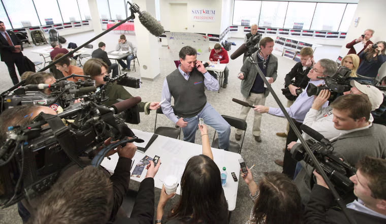 GRAND RAPIDS, MI - FEBRUARY 28: Republican presidential candidate, former U.S. Sen. Rick Santorum speaks with reporters during a visit to his campaign office on February 28, 2012 in Grand Rapids, Michigan. Michigan residents go to the polls today to vote their choice for the Republican presidential nominee. (Photo by Scott Olson/Getty Images)
