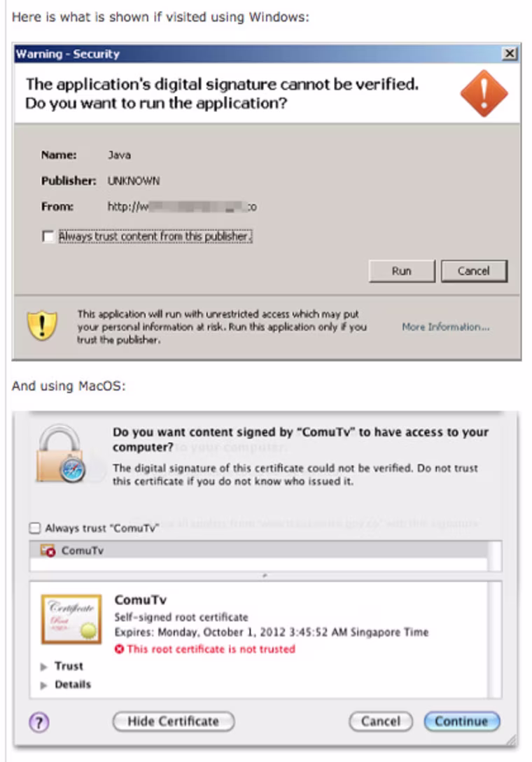 Examples of the applet users might see for Windows, top, and Mac that could lead to installing malware.