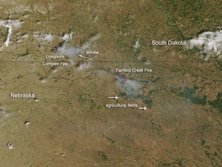 This satellite-based image shows the ravines where the main Nebraska fire is centered.