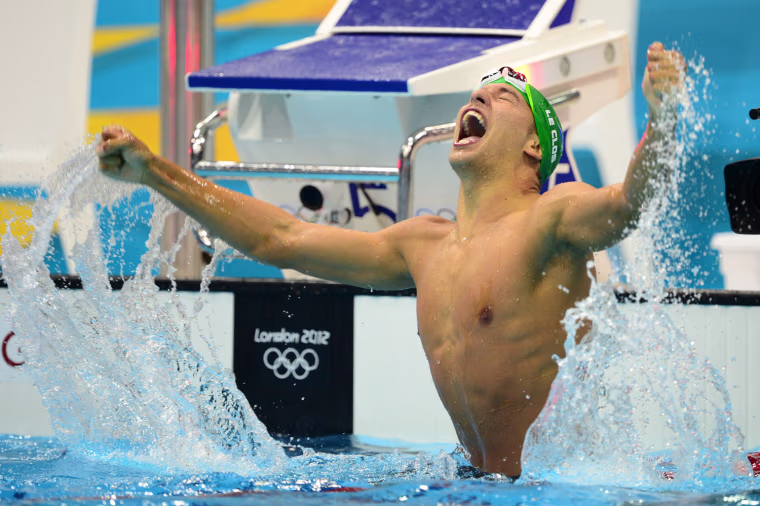 South Africa's Chad Le Clos celebrates winning the men's 200m butterfly final on July 31.
