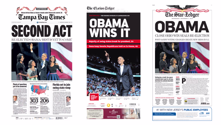 The November 7, 2012 front pages of the Tampa Bay Times, The Clarion-Ledger, and The Star-Ledger.