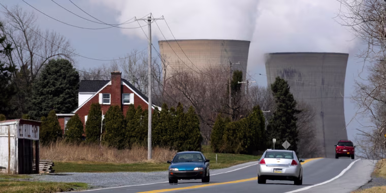 Three Mile Island's steam towers are visible for miles around the nuclear plant, which is located 12 miles south of Harrisburg, Pa.