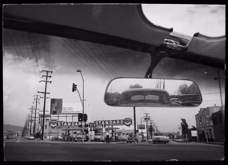 A Standard gas station sits open in Los Angeles, 1961.