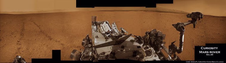 A panoramic mosaic of Curiosity images from Sept. 4 shows the rover and its surroundings. Click on the image for a higher-resolution view.
