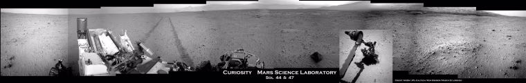 A 360-degree panorama, stitched together from Curiosity images, shows the rover and its surroundings in the Sept. 20-23 time frame. Curiosity conducted its first contact-science experiments on a rock designated Jake Matijevic, which was named after a recently deceased member of the rover team at NASA's Jet Propulsion Laboratory. The overall panorama shows the rock named Jake just right of center, and an inset photograph shows the rover's instrument turret examining the rock. Click on the image to see a higher-resolution version.